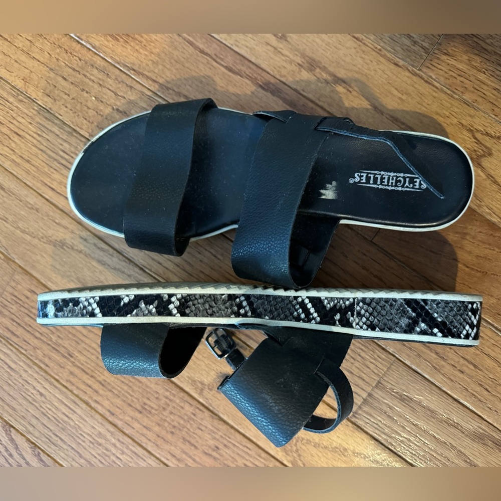 Black sandals, snakeskin trim